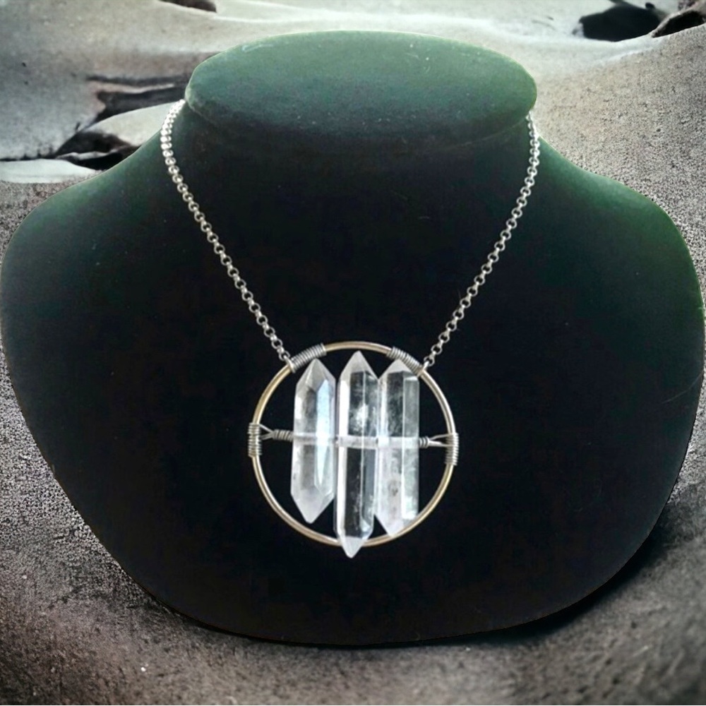 Crystal quartz necklace . 3  genuine crystal quartz double point boho gem silver - Picture 3 of 10